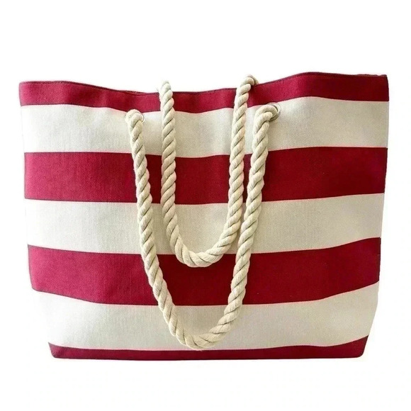 Oversized Canvas Tote Bag Rope Handle Beach Travel Carryall Red Cream Stripes - Picture 2 of 13